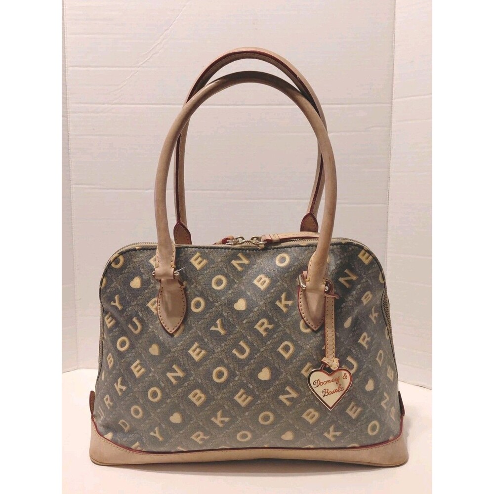 Vintage Dooney & Bourke Bag Crossword Vachetta Leather Coated Canvas Satchel - Picture 2 of 11